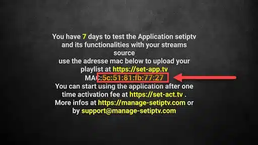 SETIPTV MAC address screen